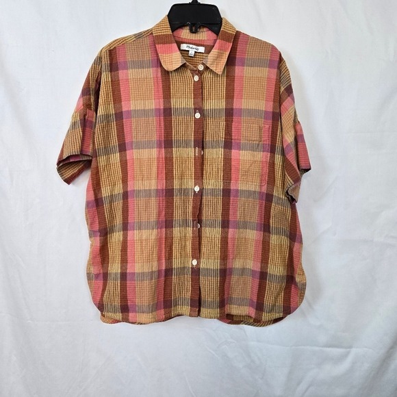 Madewell Tops - Madewell Women's Neon Madras Plaid Button‎ Short Sleeve Cotton Daily Shirt Small